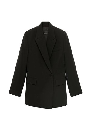 Schwarzer Blazer mit Reverskragen, einreihiger Knopfverschluss und zwei Fronttaschen. Verfügt über strukturierte Schultern und einen leicht oversized Schnitt.
