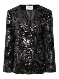 Blazer noir en sequins avec des motifs floraux, décolleté en V profond, deux boutons et poches avant. Surface texturée avec une finition brillante.
