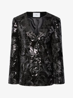 Blazer noir en sequins avec des motifs floraux, décolleté en V profond, deux boutons et poches avant. Surface texturée avec une finition brillante.