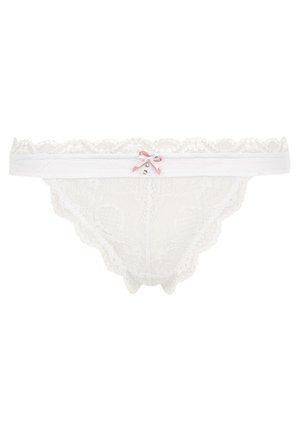 Weiße Spitzenunterwäsche mit welligen Kanten, ausgestattet mit einer kleinen rosa Schleife und dekorativen Strassdetails in der Mitte.