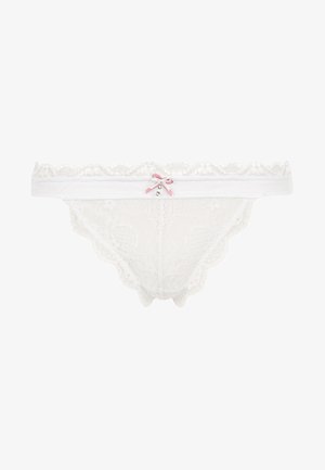 White lace panties with scalloped edges, featuring a small pink ribbon bow and decorative rhinestone detail at the center front.