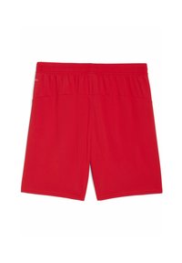 Pantalones cortos deportivos rojos hechos de tejido liviano, con cintura elástica, dos bolsillos laterales y una textura suave sin patrones.