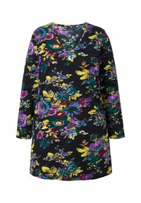 Robe noire à manches longues avec un décolleté en V, ornée d'un motif floral coloré en violet, jaune et vert, fabriquée dans un tissu doux.