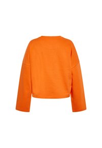 Felpa arancione, corta, con maniche lunghe e scollatura rotonda. Texture liscia e morbida; nessun motivo o accessorio visibile.