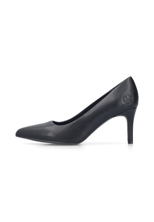 Chaussure à talons hauts en cuir noir pour femme, bout pointu, avec logo embossé sur la zone du talon, présentée en profil sur fond blanc.