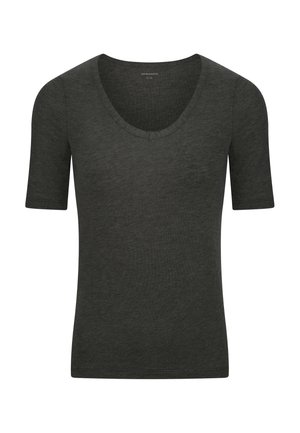 Zwarte T-shirt met korte mouwen en V-hals, gemaakt van zachte stof, met een gladde textuur en een minimalistisch ontwerp.
