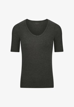 Maglietta nera a maniche corte con scollatura a V, realizzata in tessuto morbido, caratterizzata da una texture liscia e un design minimalista.