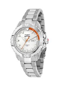 Orologio in acciaio inossidabile argentato con quadrante bianco, dettagli arancioni, lunetta rotante e bracciale in metallo. Mostra il giorno e la data. Resistente all'acqua fino a 100 metri.