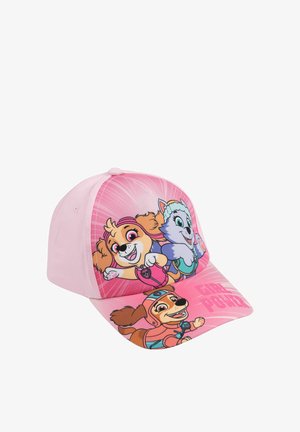 Cappellino rosa per bambini con tre cani animati in pose d’azione e le parole "Girl Power" sulla visiera.
