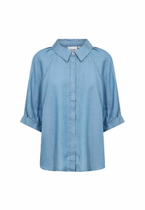 Hellblaue Jeansbluse mit kurzen Puffärmeln, geknöpften Manschetten und spitzem Kragen, vorne auf weißem Hintergrund gezeigt.