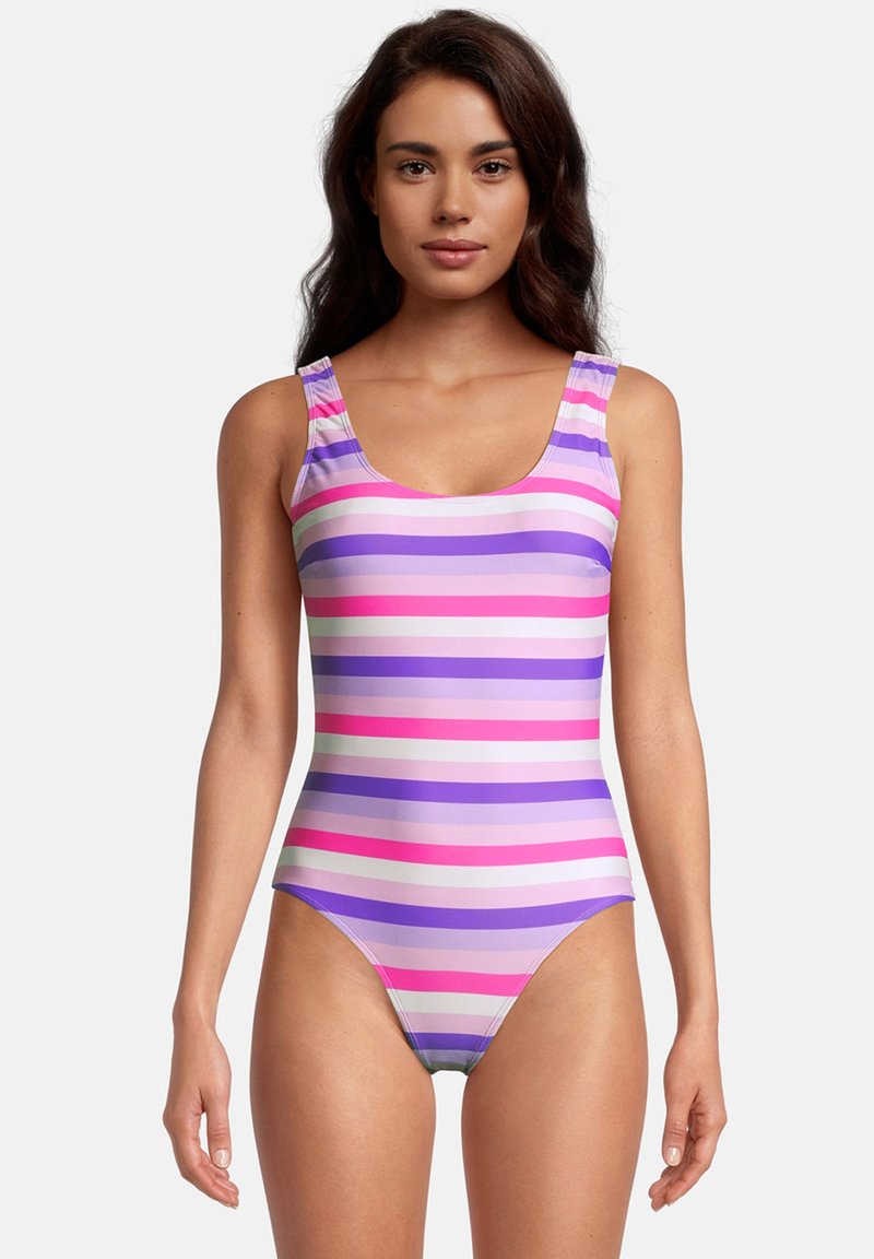 Maillot de bain une pièce avec un motif rayé en rose, violet et lavande. Fabriqué en tissu extensible avec des bretelles épaisses.
