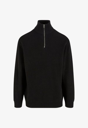 Suéter de cuello alto negro con cierre de media cremallera, mangas largas y un corte relajado. Tejido de punto texturizado en un color sólido.