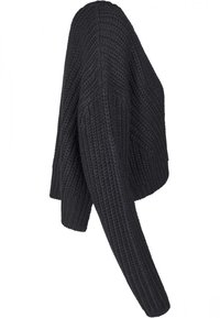 Schwarzer Strickpullover mit lockerem Design, strukturiertem Muster, weiten Ärmeln und verkürzter Länge, der ein geripptes Nähdetail präsentiert.