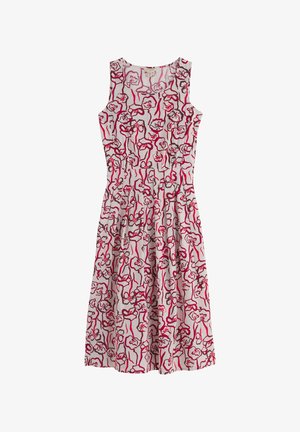 Robe blanche sans manches avec motif floral abstrait rose et rouge, taille froncée, longueur au genou, tissu léger.