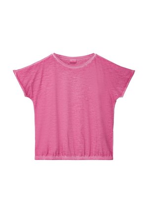 Top rose à manches courtes en tissu doux et texturé. Présente un col rond et un ourlet élastiqué pour un ajustement décontracté.