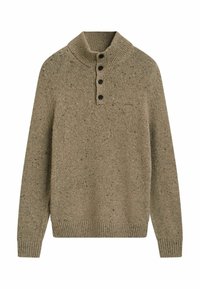 Braun gesprenkelter Strickpullover mit einem gerippten hohen Kragen und vier schwarzen Knöpfen entlang der Vorderblende.