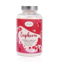 Bottle of Euphorie milk bath powder with wild strawberry and rhubarb scent, featuring red and pink label design and silver cap.