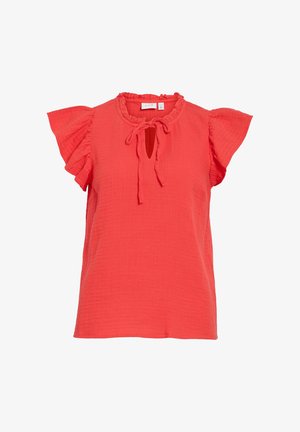 Bright coral short-sleeve blouse with ruffled sleeves and neckline, featuring a keyhole tie closure at the front.