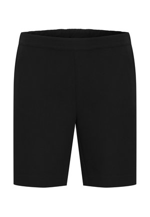 Pantaloni neri corti con una texture liscia, caratterizzati da una vita elastica e senza tasche visibili. Il design è pensato per una vestibilità casual.