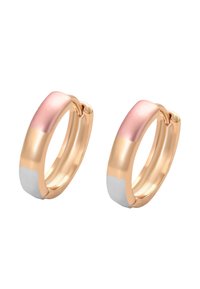 Guld hoop øreringe med glat tri-farvet design i rosaguld, guld og sølvtoner, vist mod en hvid baggrund.