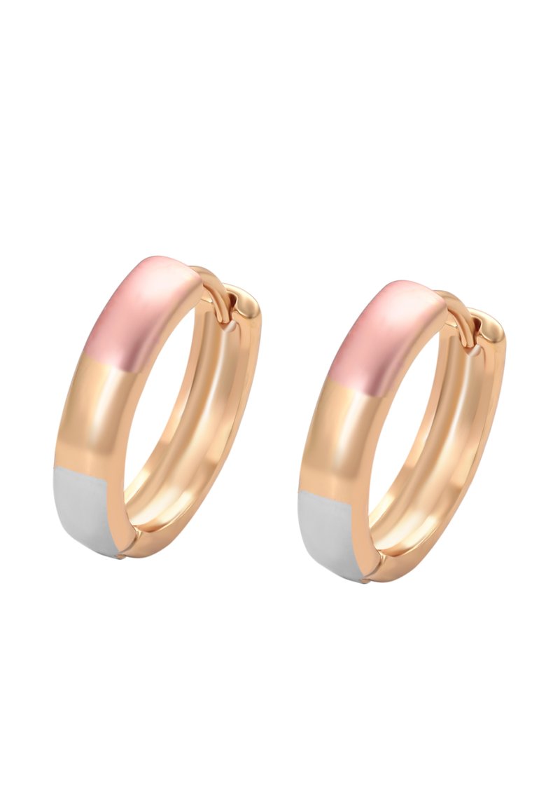 Guld hoop øreringe med glat tri-farvet design i rosaguld, guld og sølvtoner, vist mod en hvid baggrund.