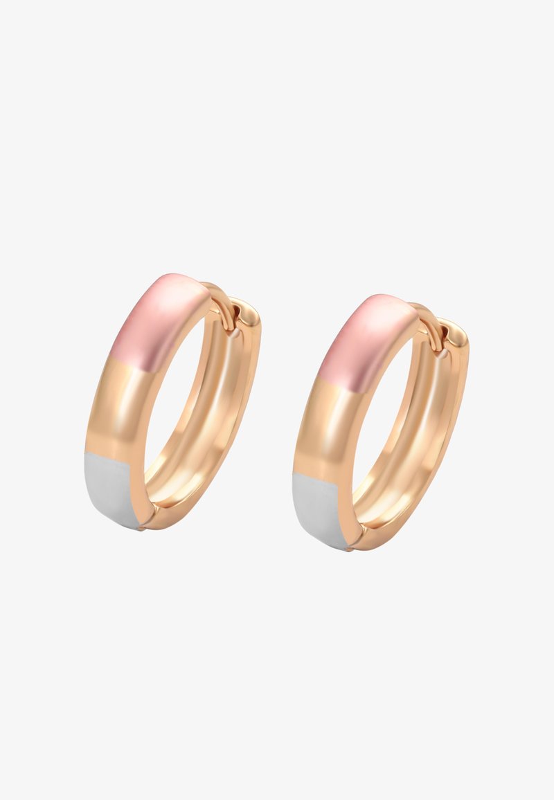 Guld hoop øreringe med glat tri-farvet design i rosaguld, guld og sølvtoner, vist mod en hvid baggrund.
