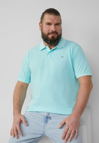 Lichtblauw polo shirt met korte mouwen, voorzien van een kraag en subtiele textuur. Draag het met lichtblauwe denim jeans.