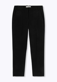 Pantalons noirs ajustés avec une coupe slim, taille plate, poches latérales et une texture de tissu douce. L'étiquette indique "Promod."
