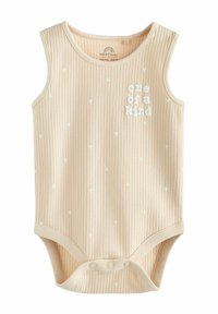 Helles beige, geripptes Baby-Bodysuit mit weißen Dreiecksmustern, rundem Ausschnitt, ärmellosem Design und dem Text "einzigartig" in Weiß.