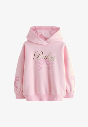 Lyserød hættetrøje med guld "Baker"-tekst og lyserøde sløjfedesign på fronten og ærmerne, ribbede manchetter og kant.