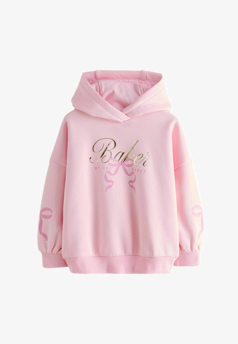 Hellrosa Kapuzenpullover mit goldfarbenem "Baker"-Schriftzug und rosa Schleifendesigns auf Vorderseite und Ärmeln, mit gerippten Bündchen und Saum.