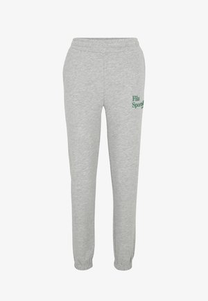 Harmaat collegehousut, jotka on valmistettu puuvillasekoitteesta, varustettu elastisella vyötäröllä, säären kuminauhalla ja vihreällä "Fila Sports" -logolla. Ei taskuja.