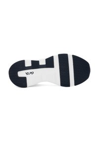 Sportlich gestaltete Schuhsohle mit einer strukturierten, schwarzen Gummifläche und weißen Akzenten; horizontale und vertikale Rillenabschnitte bieten Flexibilität.