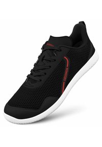 Black mesh athletic shoe with red accents. Features a textured upper, lace closure, cushioned collar, and white rubber sole.
