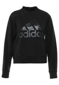 Czarny długi sweter z długim rękawem wykonany z miękkiego materiału, z okrągłym dekoltem i dużym, błyszczącym czarnym logo Adidas na przodzie.