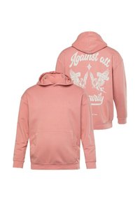 Sudadera rosa con bolsillo frontal, capucha con cordón y un estampado gráfico de ángeles y texto en la parte posterior. Hecha de tela suave.