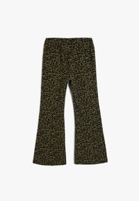 Leggings de campana con estampado de leopardo en negro y verde oliva, con una cinturilla elástica y un tejido suave y texturizado.