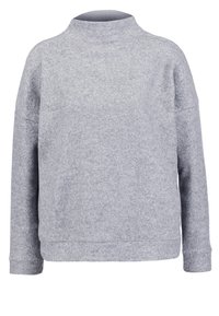 Pullover grigio a maniche lunghe con collo alto, realizzato in tessuto morbido e testurizzato. Presenta spalle scese e una vestibilità rilassata, design minimale.