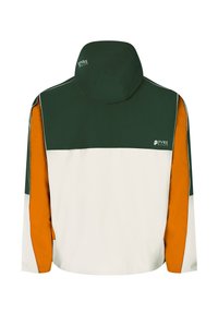 Kleurgeblokkeerde jas met een groene capuchon, oranje mouwen en een witte body. Gemaakt van lichtgewicht stof met een logo op de achterkant.