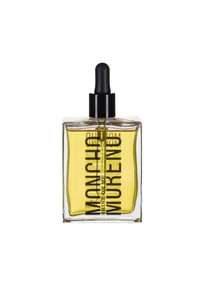 Botella de vidrio transparente con un gotero negro. Contiene aceite amarillo. El texto negro en la parte frontal presenta el nombre de la marca y los detalles del producto.