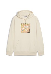 Kreminė džemperis su kišenėmis priekyje, kuriame yra kvadratinė katės grafika spalvingame fone ir logotipas "PUMA" apačioje.