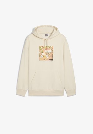 Kreminė džemperis su kišenėmis priekyje, kuriame yra kvadratinė katės grafika spalvingame fone ir logotipas "PUMA" apačioje.