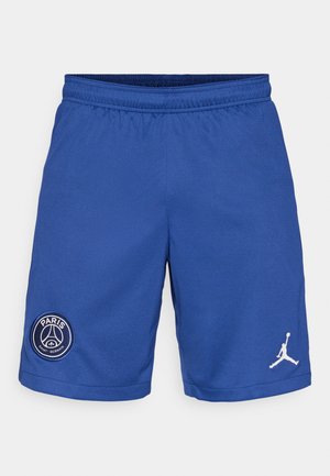 Blauwe sportieve shorts van lichtgewicht stof. Beschikt over geborduurd logo van Paris Saint-Germain en wit Jumpman-logo op de rechteronderkant.