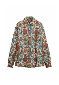 Hemden mit Floralprint in lebhaften Rot-, Blau- und Grüntönen auf einem beigen Hintergrund, mit klassischem Kragen und Knopfleiste.
