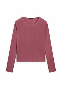 T-shirt à manches longues en mauve, avec un col rond, une coupe courte, une texture lisse et un design minimaliste sans motifs ni embellissements.