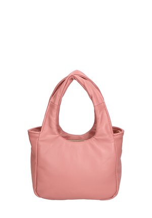 Borsa a tracolla in pelle rosa con manici arrotondati, una texture liscia e una chiusura a zip superiore. Design compatto con una forma strutturata e senza modelli visibili.
