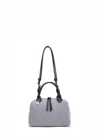 Gestreepte stoffen handtas met een ronde vorm, voorzien van een geknoopte leren schouderband, twee bovenhandvatten en accenten in goudkleurig metaal.