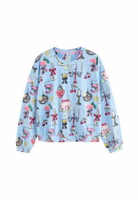 Ljusblå sweatshirt med färggårdigt festtryck som inkluderar tårtor, körsbär, ljus, räkor, discokulor och cocktailglas.