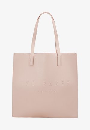 Różowa skórzana torba typu tote z wytłoczonym logo "TED BAKER LONDON". Prostokątny kształt, płaskie uchwyty i gładka faktura z subtelnym połyskiem.