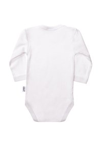 Langärmliger weißer Baumwoll-Babykörper mit Rundhalsausschnitt, Druckknopfverschluss am Boden und glatter Textur. Keine Muster oder Akzente.